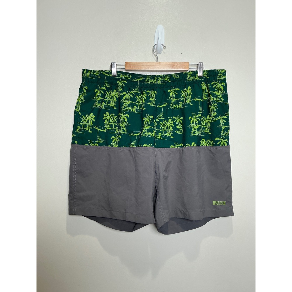 Duluth Trading Co Swim Trunks Mens 2XL Grey Green Palm Tree Colorblock EUC
